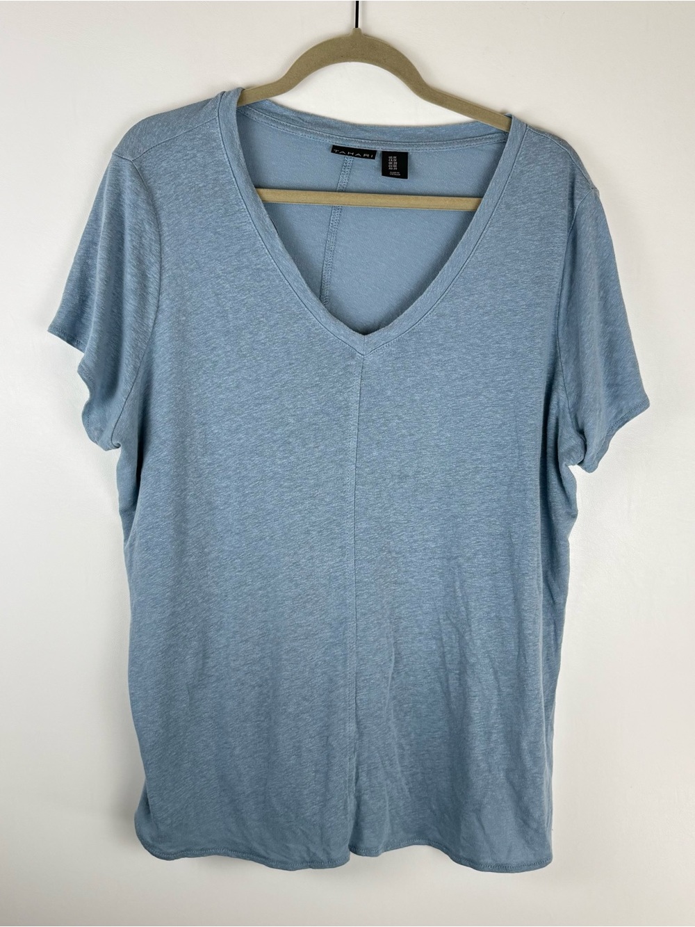 Tahari Womens Size 1X Blouse Top Linen Lyocell Short Sleeves V Neck Blue Plus